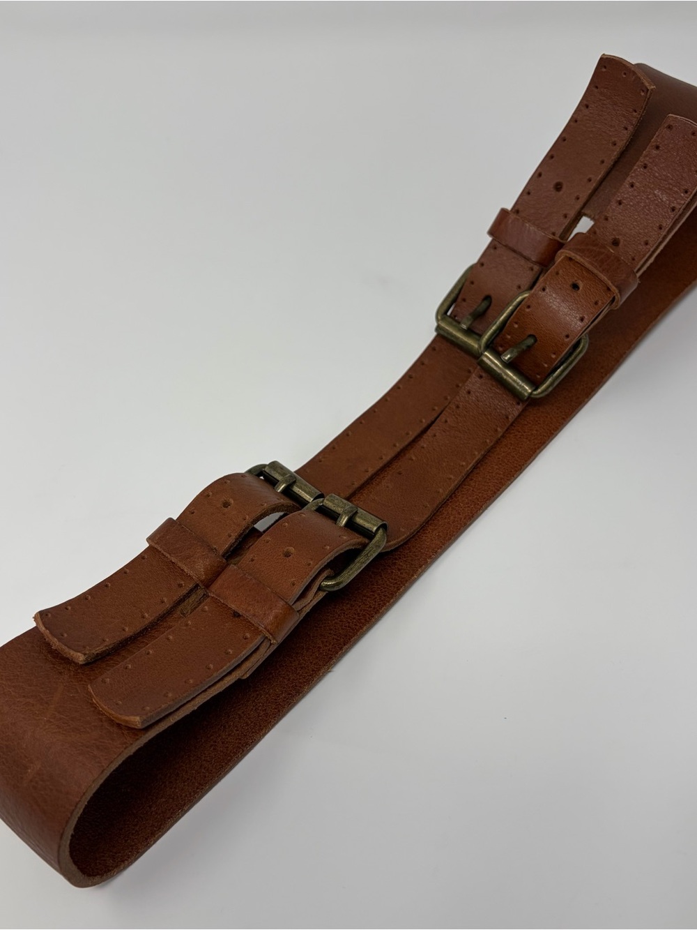 Leather Belt FRENCH CONNECTION FCUK Wide Four Buckle Brown Rustic Hardware